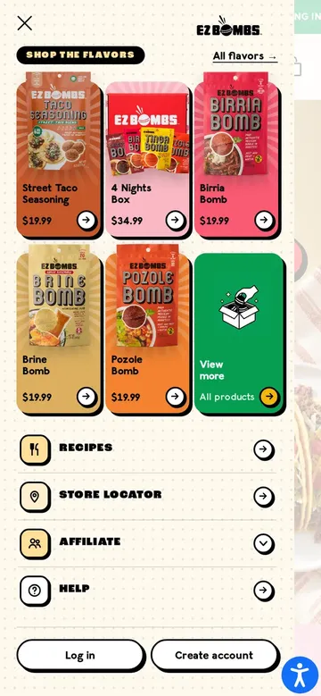 The EZ Bombs mobile menu with flavor tiles